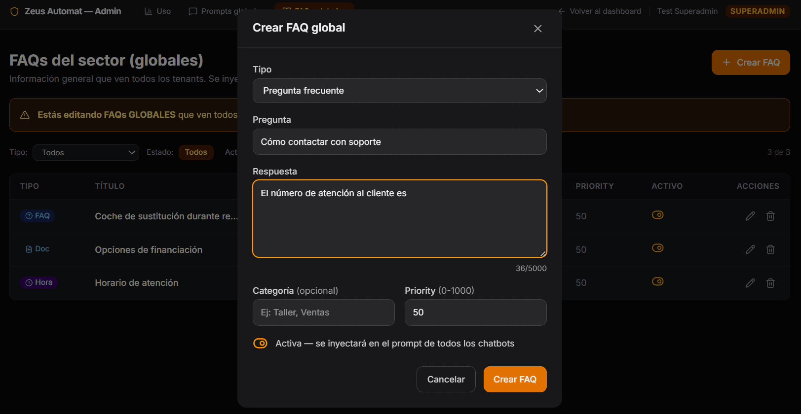 Modal de edición de FAQ global