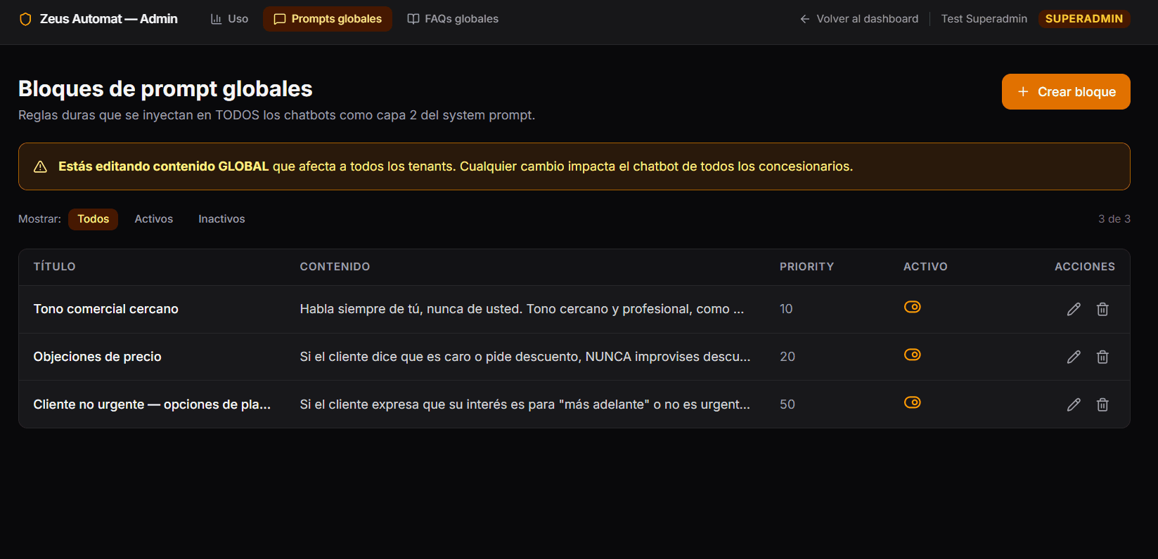 Panel de bloques de prompt globales en Zeus Automat